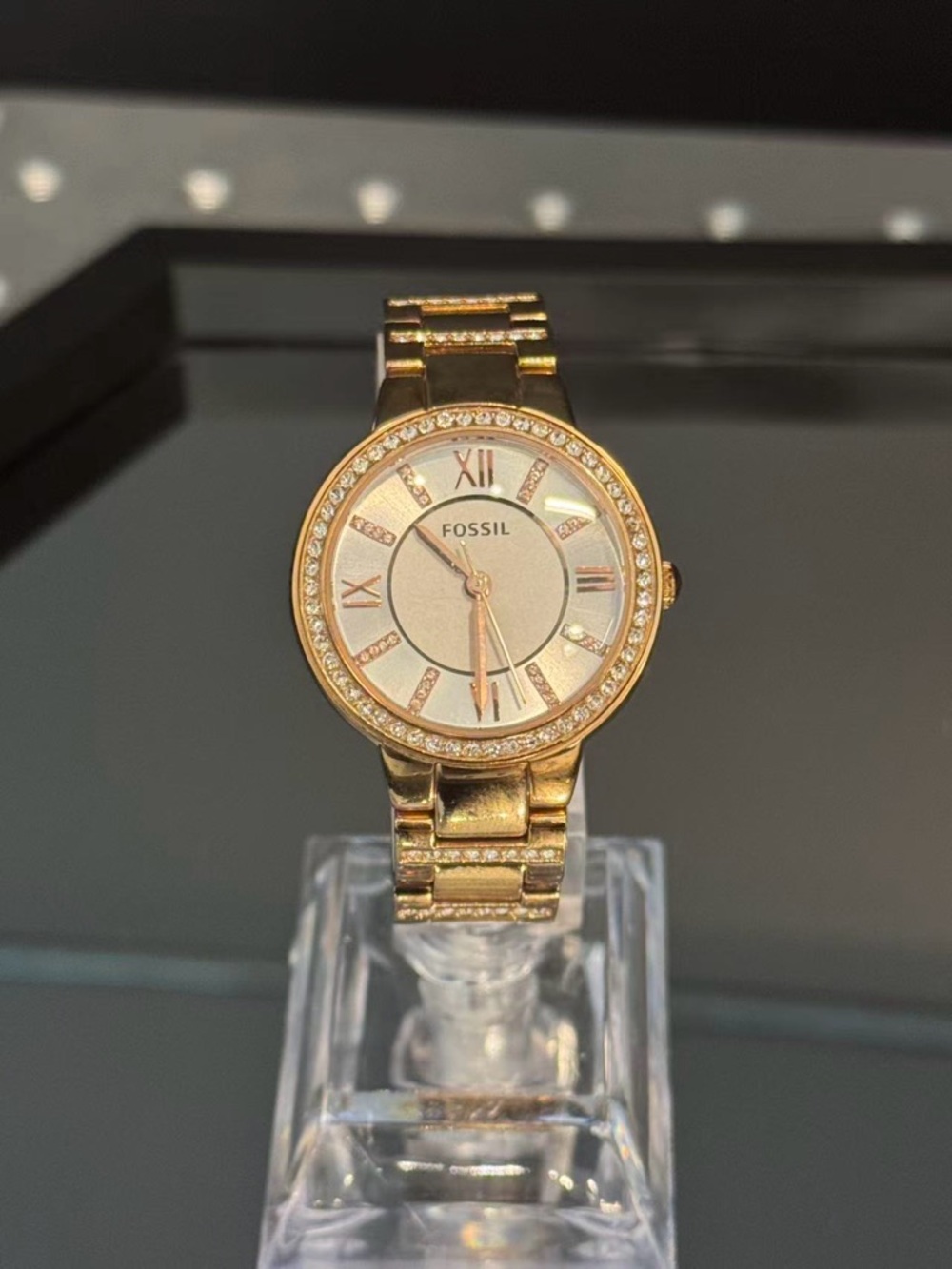 Vintage Fossil Ladies Quartz Watch Rose Gold Tone Crystal Bezel New Battery Runs